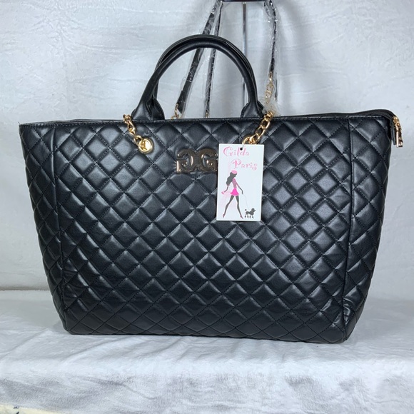 Gilda Paris Handbags - Quilda Paris Quilted Black Tote Bag with Gold Chain Detail